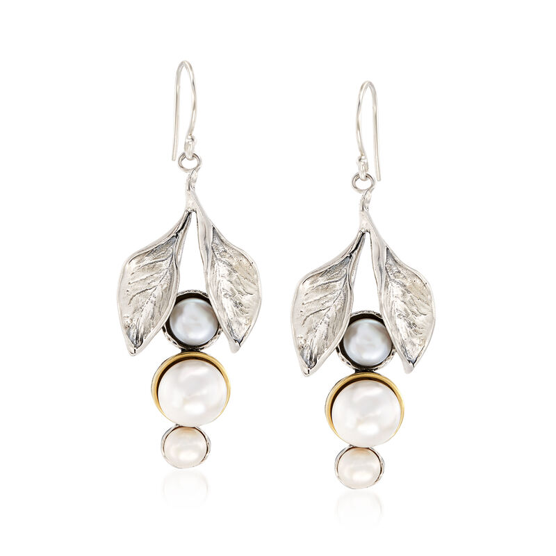 Cultured Button Pearl Leaf Drop Earrings in Sterling Silver and 14kt Yellow Gold image number 0