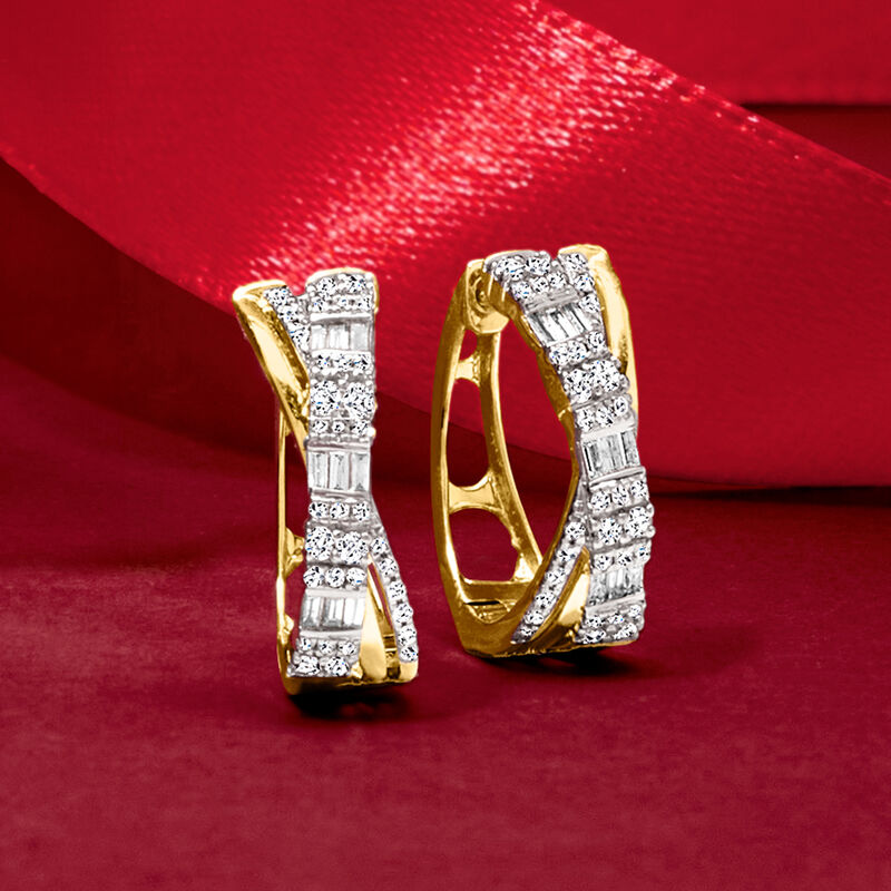 .50 ct. t.w. Diamond Crisscross Hoop Earrings in 14kt Yellow Gold. 5/8" image number 2