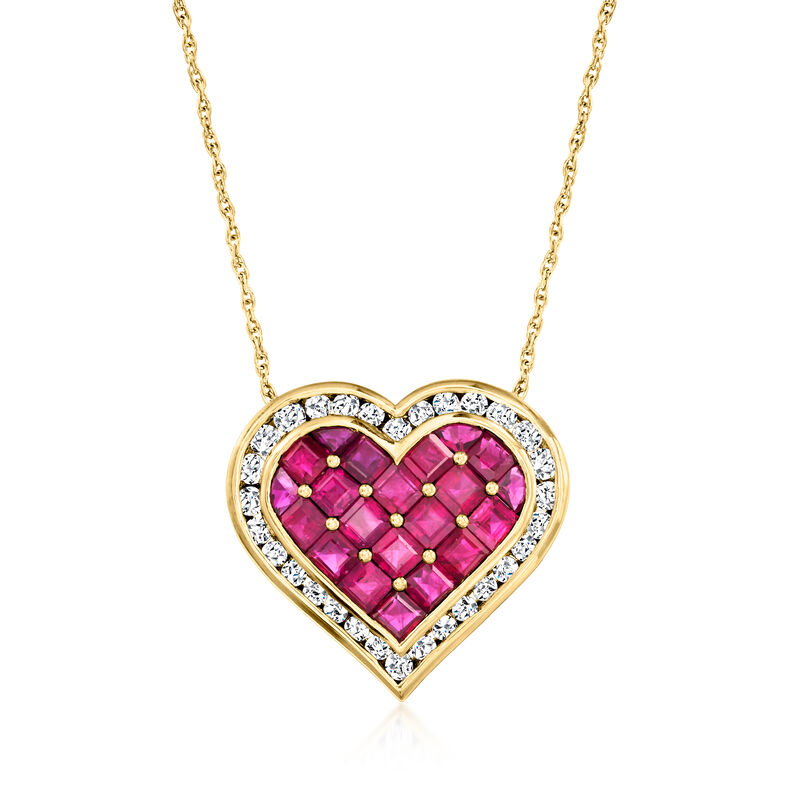 C. 1990 Vintage 3.15 ct. t.w. Ruby and .75 ct. t.w. Diamond Heart Pendant Necklace in 14kt Yellow Gold image number 0