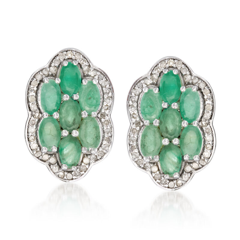 2.90 ct. t.w. Emerald and .44 ct. t.w. Diamond Flower Earrings in Sterling Silver image number 0