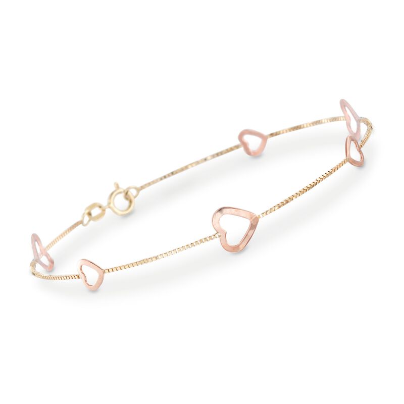 14kt Two-Tone Gold Heart Station Bracelet. 7.5&quot; image number 0