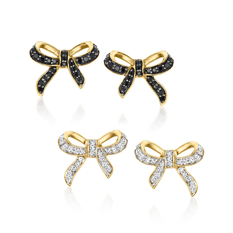 .20 ct. t.w. Black Spinel and .10 ct. t.w. White Topaz Jewelry Set: Two Pairs of Bow Earrings in 18kt Gold Over Sterling  image number 0