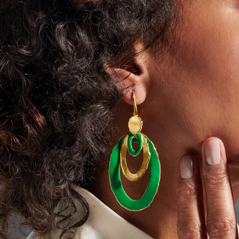 Italian Green Enamel Multi-Oval Drop Earrings in 18kt Gold Over Sterling image number 3