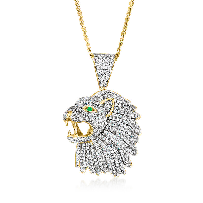 2.20 ct. t.w. CZ Lion Pendant Necklace with Simulated Emerald Accents in 18kt Gold Over Sterling. 20" image number 1