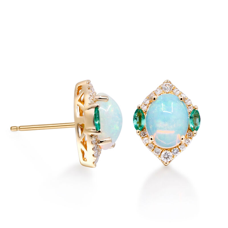 Ethiopian Opal Earrings with .29 ct. t.w. Diamonds and .20 ct. t.w. Emeralds in 14kt Yellow Gold  image number 3