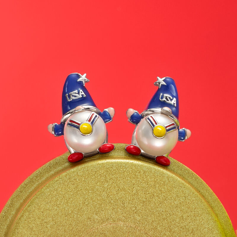 8-8.5mm Cultured Pearl and Multicolored Enamel USA Gnome Earrings in Sterling Silver  image number 3