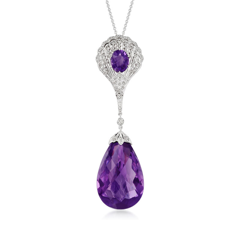 C. 2000 Vintage 36.50 ct. t.w. Amethyst and .55 ct. t.w. Diamond Fan Drop Necklace in 14kt White Gold image number 0