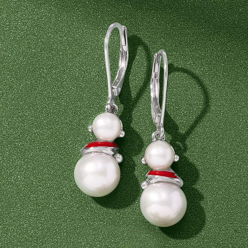 5-8.5mm Cultured Pearl Snowman Drop Earrings with Red Enamel in Sterling Silver image number 2