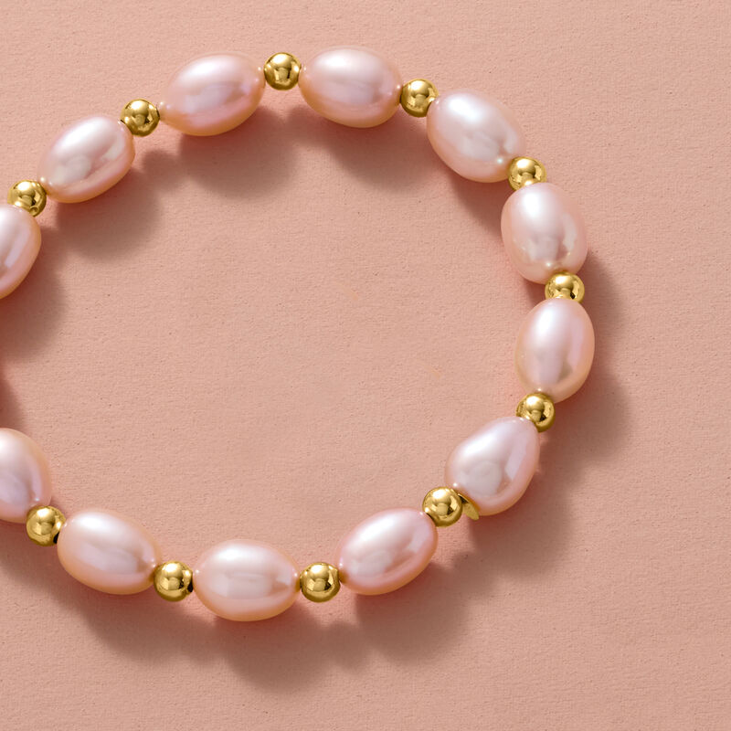 8-9mm Pink Cultured Pearl and 14kt Yellow Gold Bead Stretch Bracelet image number 2