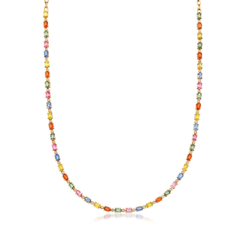 15.10 ct. t.w. Multicolored Sapphire and .36 ct. t.w. Diamond Necklace in 14kt Yellow Gold. 16&quot; image number 1
