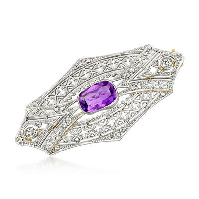 C. 1930 Vintage 1.70 Carat Amethyst and .56 ct. t.w. Diamond Filigree Pin in Platinum and 18kt Yellow Gold