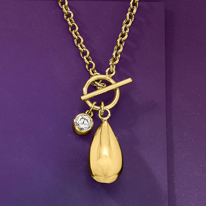 14kt Yellow Gold-Plated Teardrop Toggle Necklace with .80 Carat CZ. 18" image number 2