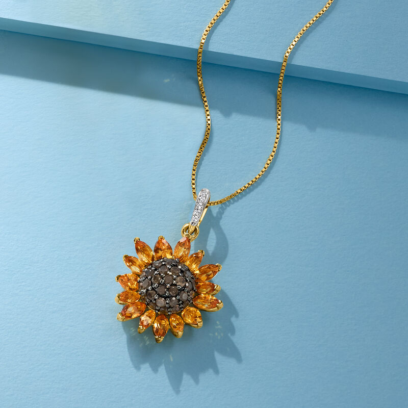 1.70 ct. t.w. Citrine and .80 ct. t.w. Smoky Quartz and .10 ct. t.w. White Topaz Sunflower Pendant Necklace in 18kt Gold Over Sterling. 18&quot; image number 3