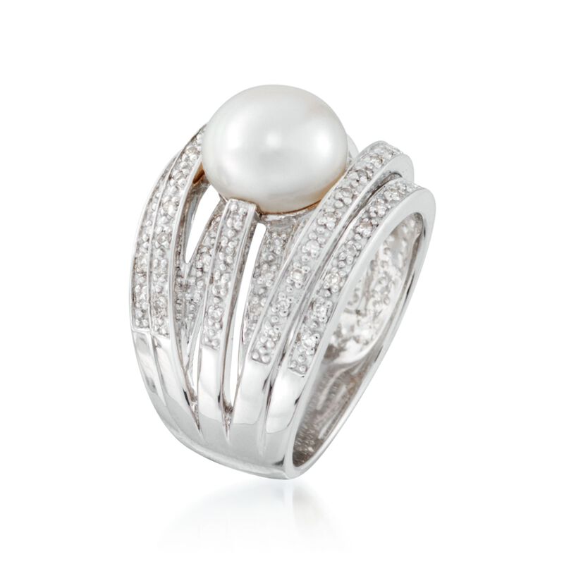 9mm Cultured Pearl and .20 ct. t.w. Diamond Highway Ring in Sterling Silver image number 2