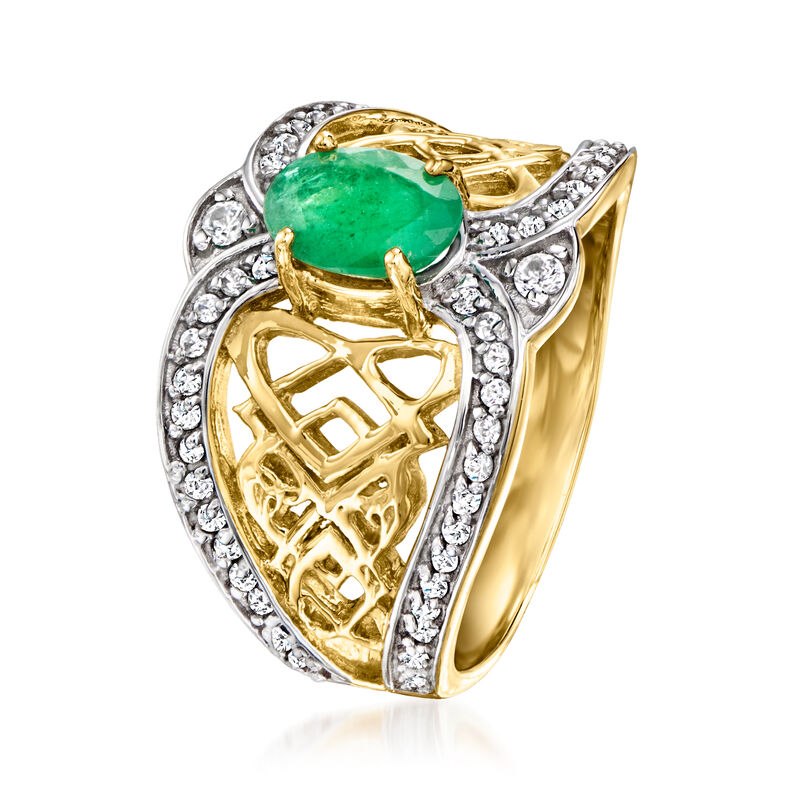 .80 Carat Emerald and .40 ct. t.w. White Zircon Celtic Knot Ring in 18kt Gold Over Sterling image number 2