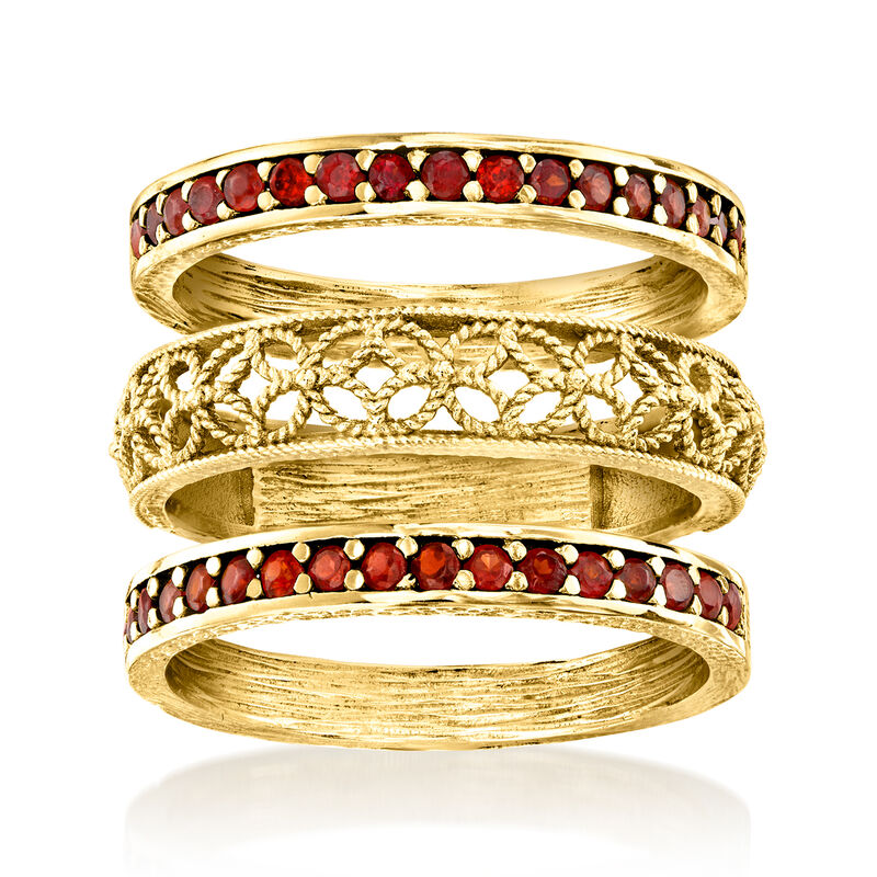 .60 ct. t.w. Garnet and Scrollwork Jewelry Set: Three Rings in 18kt Gold Over Sterling image number 0