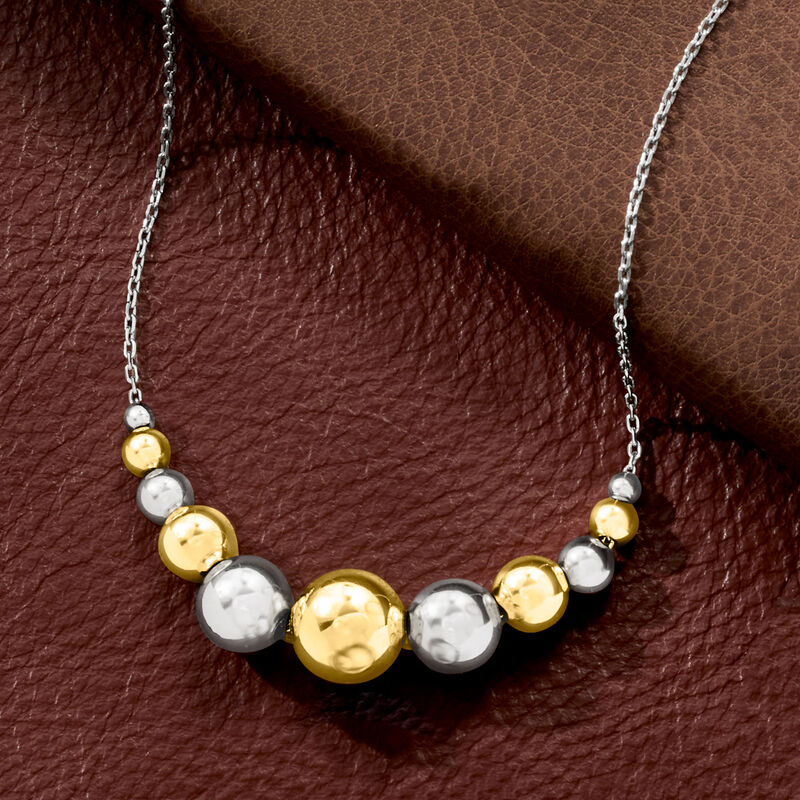 Italian Sterling Silver and 18kt Gold Over Sterling Graduated Bead Cable-Chain Necklace. 18&quot; image number 2