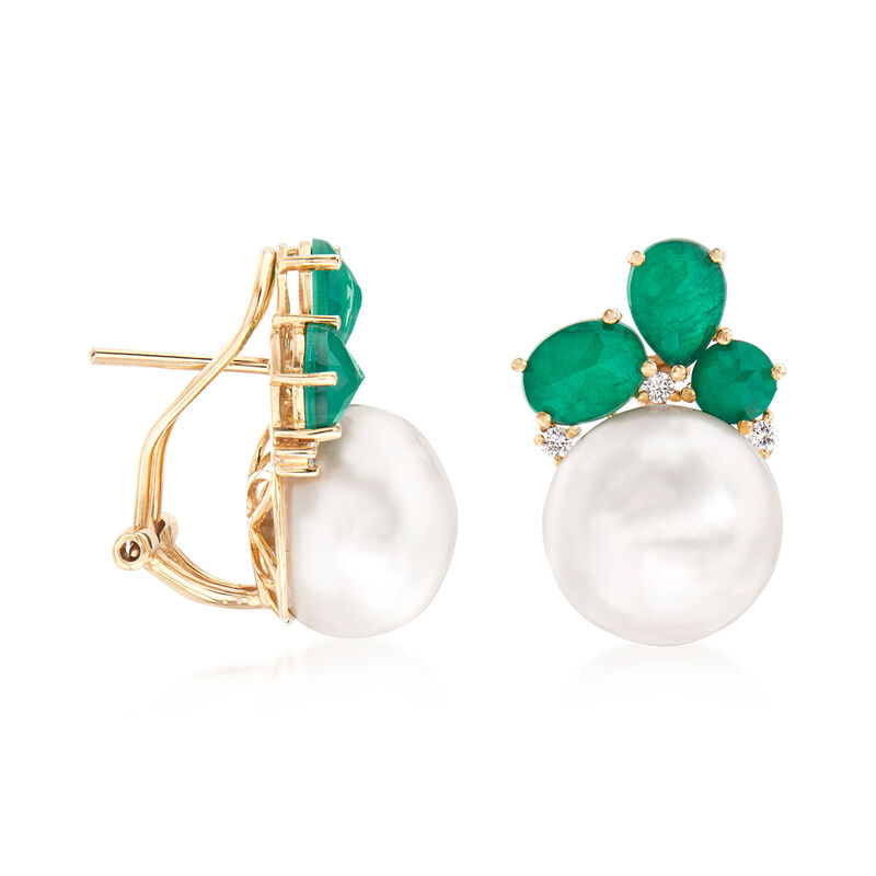 Cultured Pearl and .80 ct. t.w. Emerald Doublet Earrings with .17 ct. t.w. Diamonds in 14kt Yellow Gold image number 2