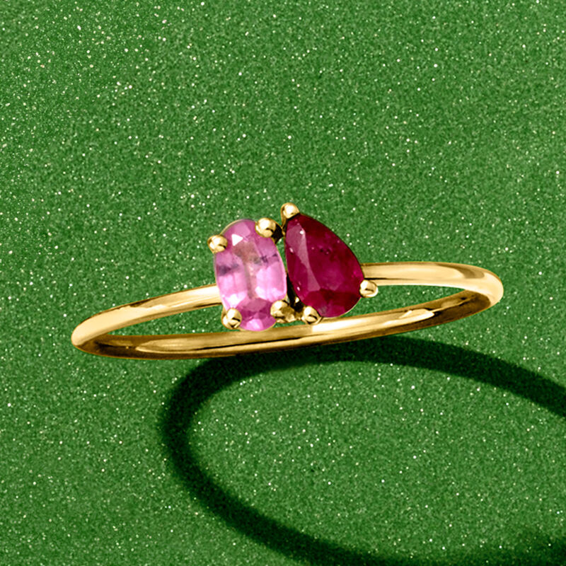 .20 Carat Ruby and .20 Carat Pink Sapphire Toi et Moi Ring in 14kt Yellow Gold image number 3