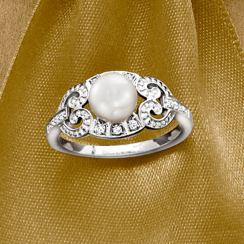 6.5-7mm Cultured Pearl and .11 ct. t.w. Diamond Swirl Ring in Sterling Silver image number 3