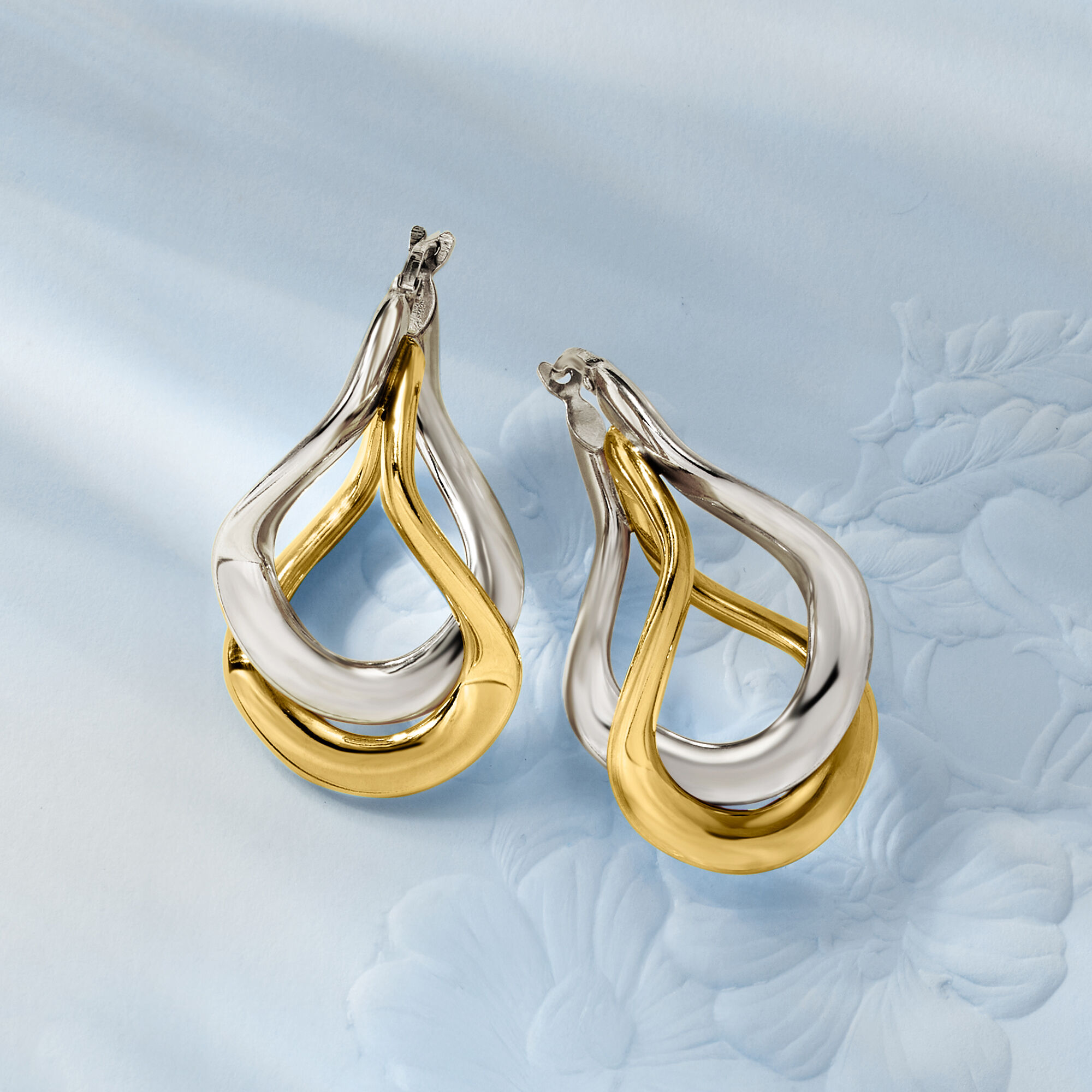 Italian Two-Tone Sterling Silver Curved Double-Hoop Earrings. 1 1