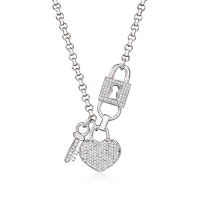 1.50 ct. t.w. CZ Heart, Lock and Key Necklace in Sterling Silver