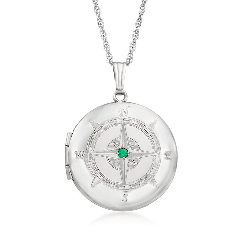 Sterling Silver Compass Locket Necklace with Single Emerald image number 0