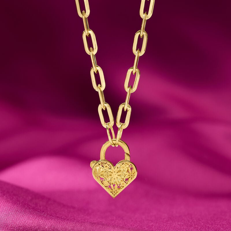 Italian 14kt Yellow Gold Floral Embroidery Heart Lock Paper Clip Link Necklace. 20" image number 3