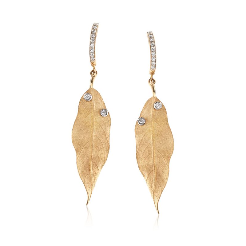 Simon G. .20 ct. t.w. Diamond Leaf Drop Earrings in 18kt Yellow Gold  image number 0