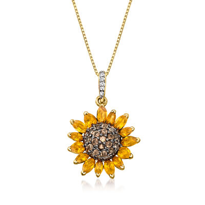 1.70 ct. t.w. Citrine and .80 ct. t.w. Smoky Quartz and .10 ct. t.w. White Topaz Sunflower Pendant Necklace in 18kt Gold Over Sterling