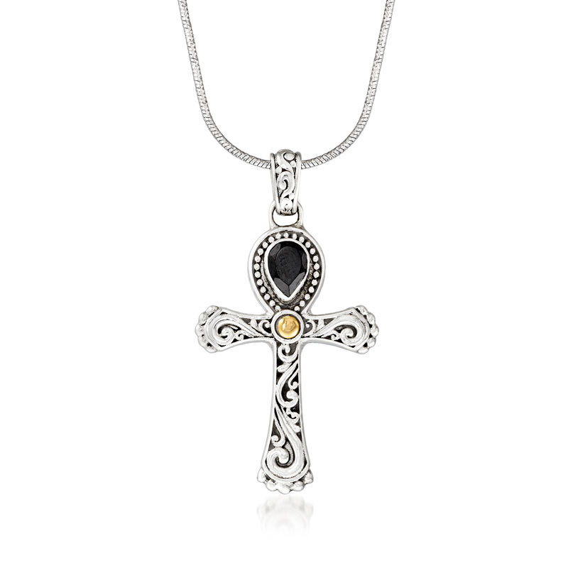 Black Spinel Bali-Style Cross Pendant Necklace in Sterling Silver image number 0