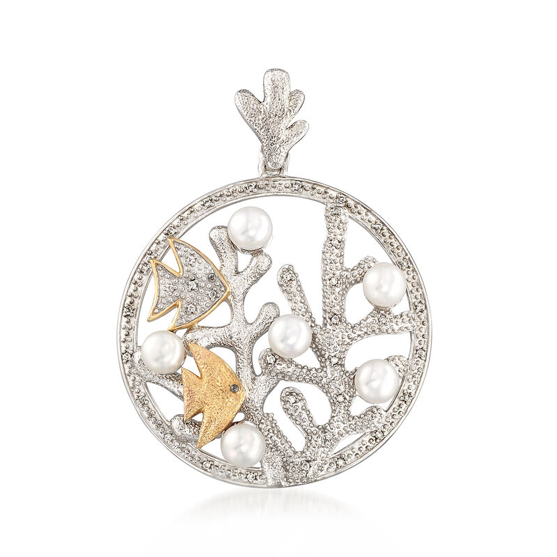 4.5-5mm Cultured Pearl and .10 ct. t.w. Diamond Seascape Pendant in Sterling Silver and 14kt Yellow Gold image number 0