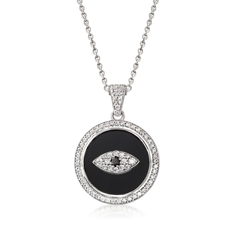 Black Onyx and White Zircon Evil Eye Pendant Necklace with Black Spinel Accent in Sterling Silver. 18&quot; image number 1