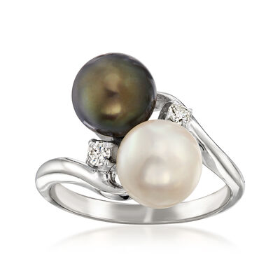 C. 1990 Vintage 8mm Black and White Cultured Pearl Bypass Ring with .14 ct. t.w. Diamonds in 14kt White Gold