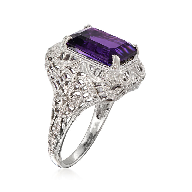 C. 1980 Vintage 4.00 Carat Amethyst Filigree Ring in 14kt White Gold image number 2