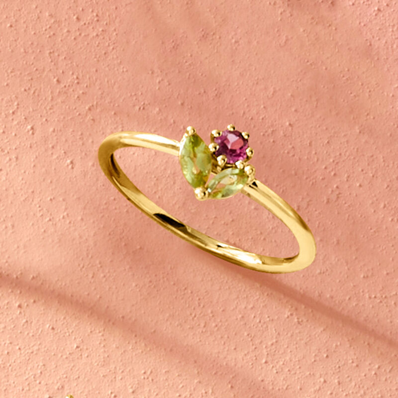 .10 Carat Rhodolite Garnet and .17 ct. t.w. Peridot Flower Ring in 14kt Yellow Gold image number 3