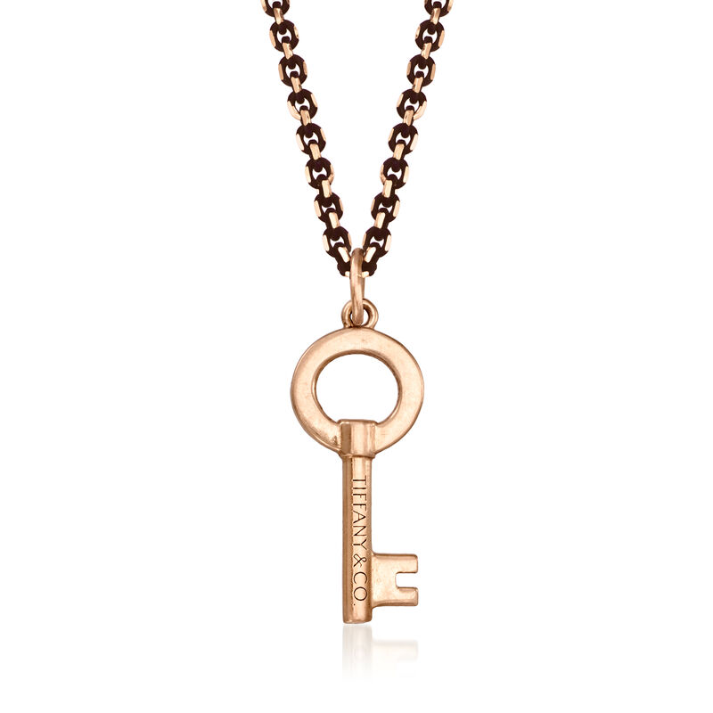 C. 1990 Vintage Tiffany Jewelry 18kt Rose Gold Key Pendant Necklace with Black Enamel. 18" image number 0