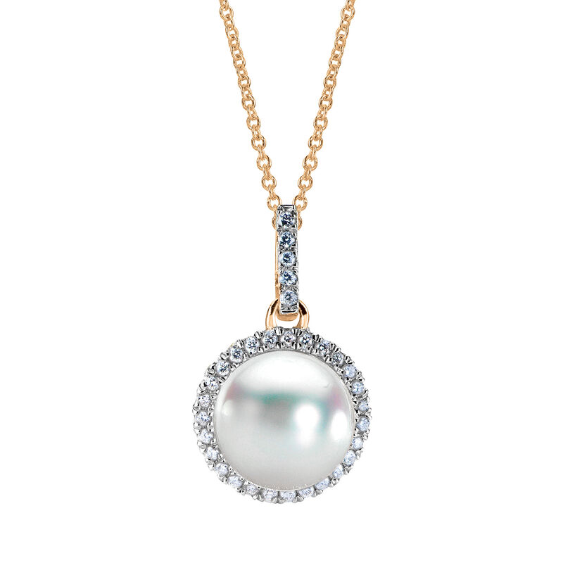 8-8.5mm Cultured Akoya Pearl and .16 ct. t.w. Diamond Pendant Necklace in 14kt Yellow Gold. 18&quot; image number 0