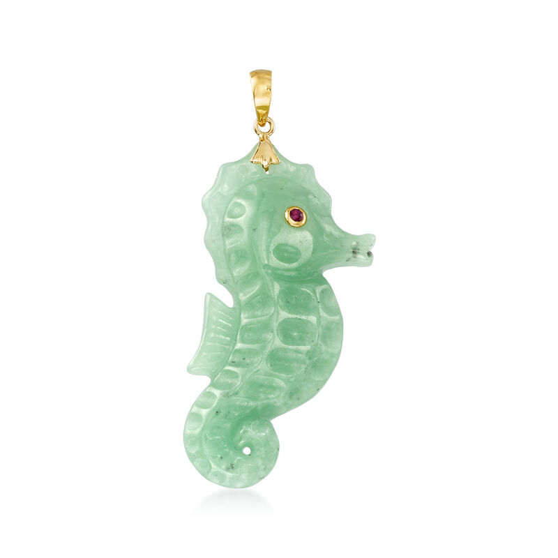Jade Seahorse Pendant with Ruby Accent in 14kt Yellow Gold  image number 0
