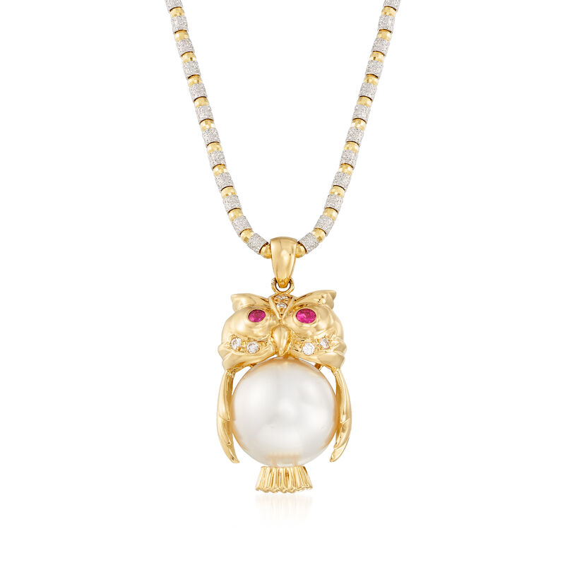 C. 1990 Vintage South Sea Pearl, .15 ct. t.w. Ruby and .10 ct. t.w. Diamond Owl Pendant Necklace in 18kt Two-Tone Gold image number 0