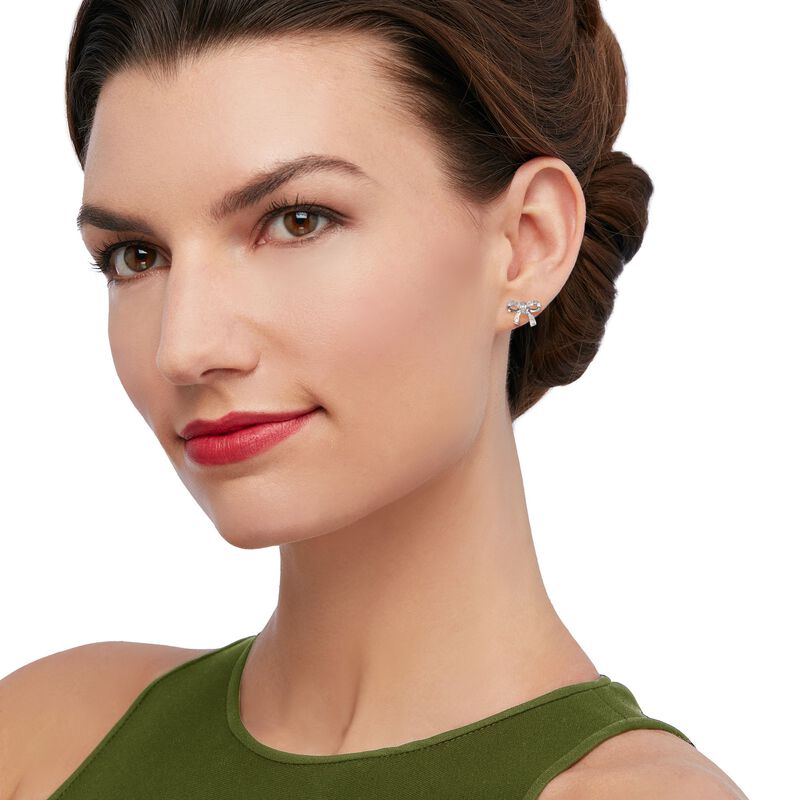 Sterling Silver Bow Earrings with Diamond Accents image number 1