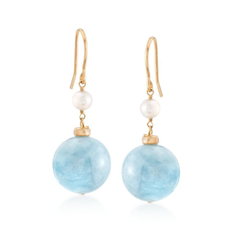 35.00 ct. t.w. Aquamarine and 4-5mm Cultured Pearl Drop Earrings in 18kt Gold Over Sterling  image number 0