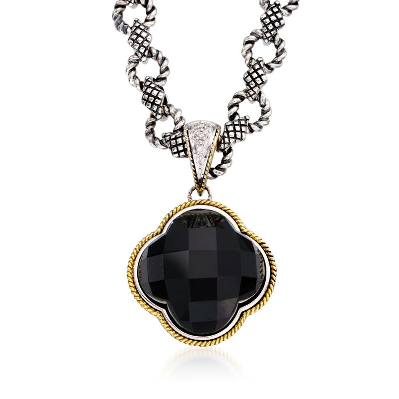 Andrea Candela Black Onyx Clover Pendant Necklace with Diamonds in Two-Tone. 17&quot; image number 1