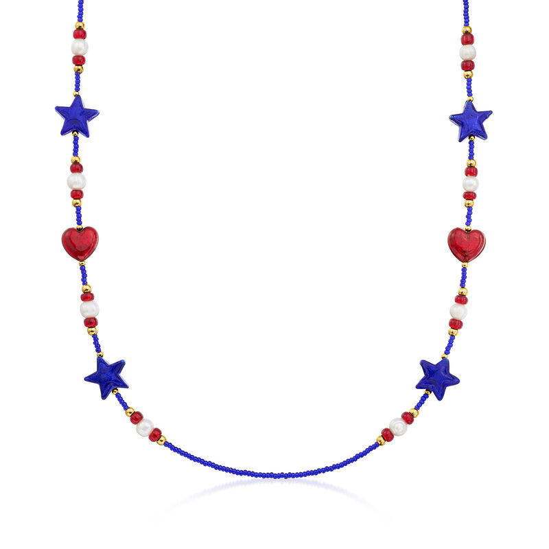 Italian Red and Blue Murano Glass Patriotic Bead and 6.5-7mm Cultured Pearl Necklace with 18kt Gold Over Sterling. 24&quot; image number 1