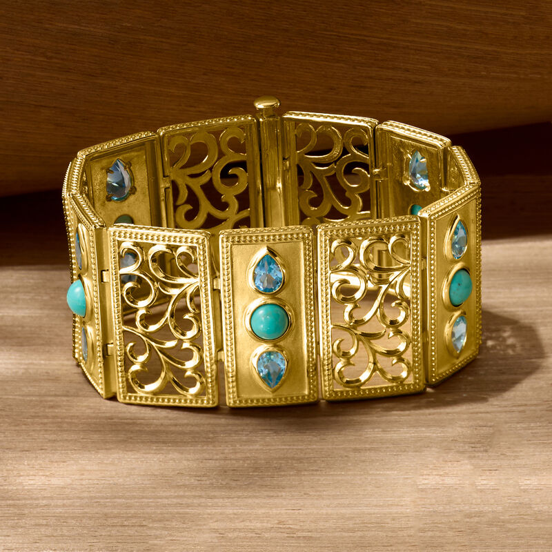 Turquoise and 6.75 ct. t.w. Swiss Blue Topaz Bracelet in 18kt Gold Over Sterling image number 2