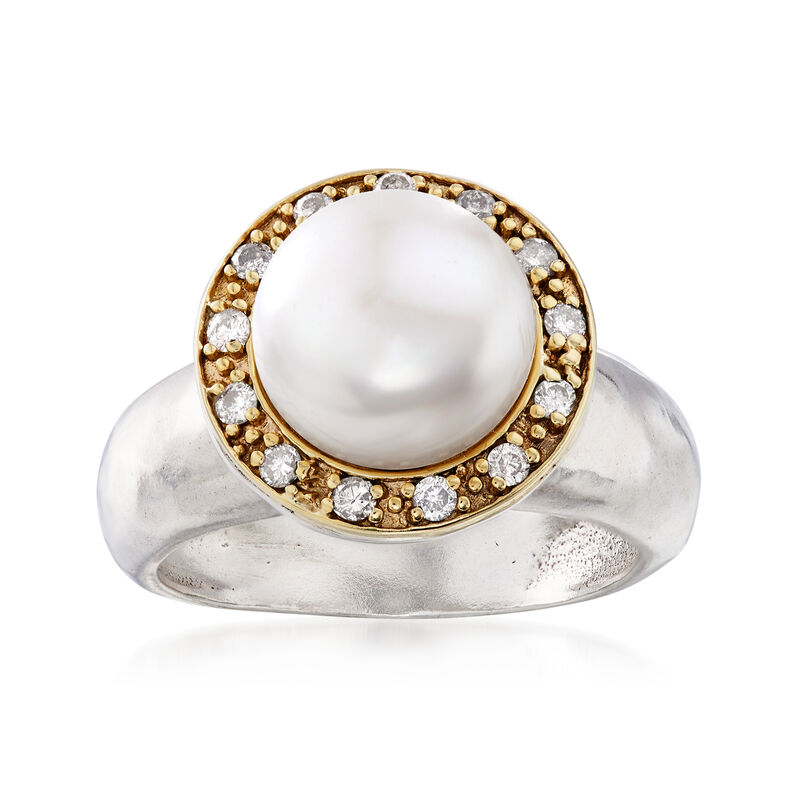 10mm Cultured Pearl and .20 ct. t.w. Diamond Ring in Sterling Silver and 14kt Yellow Gold image number 0