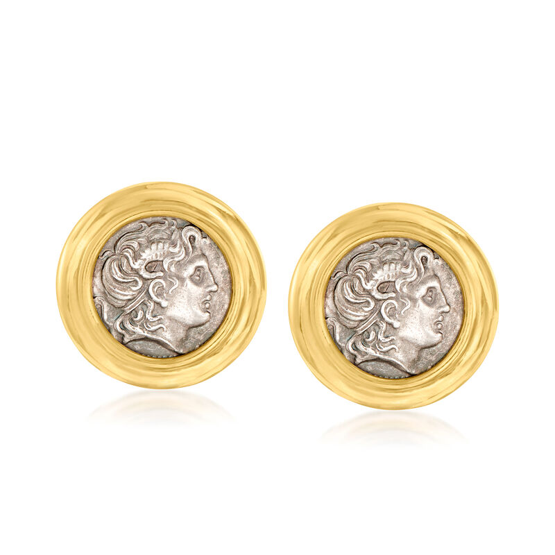 C. 1980 Vintage 14kt Yellow Gold and Sterling Silver Greek Coin Earrings image number 0
