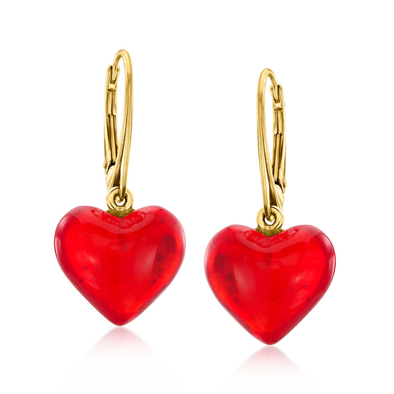 Heart-Shaped Red Amber Drop Earrings in 18kt Gold Over Sterling  image number 0