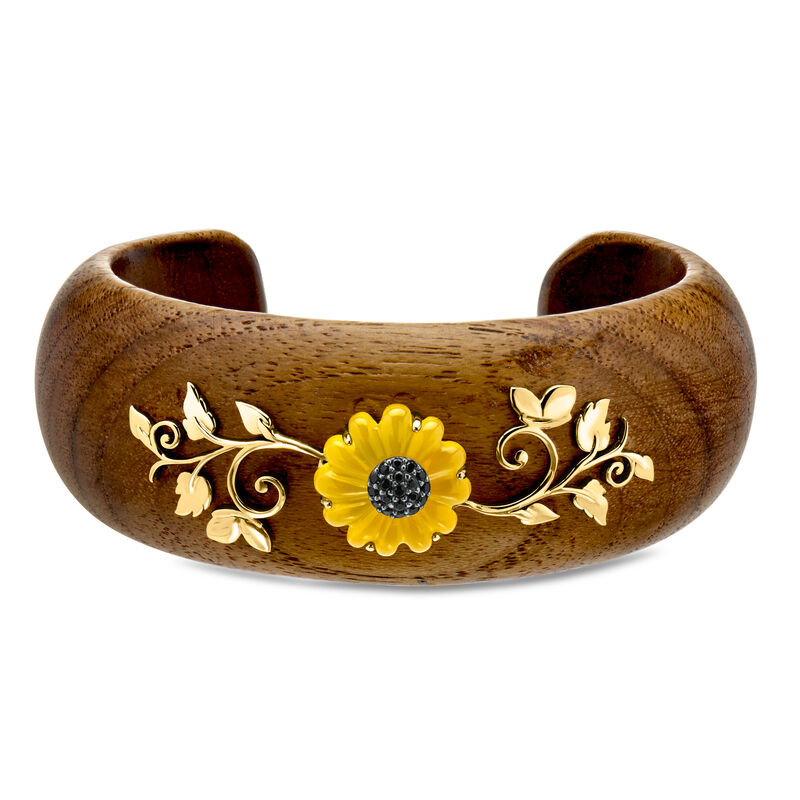 Wooden Sunflower Cuff Bracelet with Yellow Chalcedony, .20 ct. t.w. Black Spinels and 18kt Gold Over Sterling image number 0