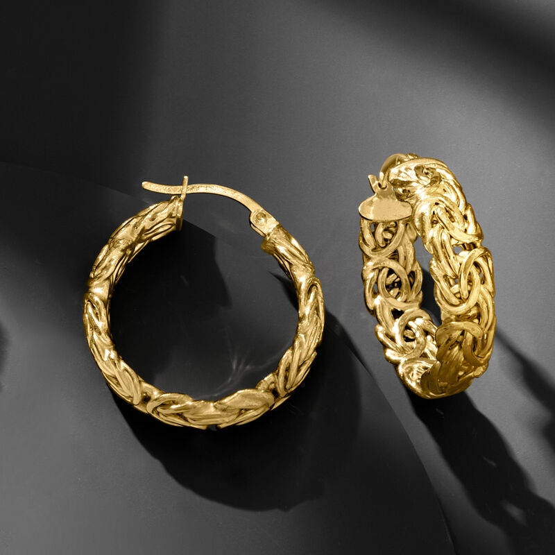 18kt Gold Over Sterling Small Byzantine Hoop Earrings. 1&quot; image number 4